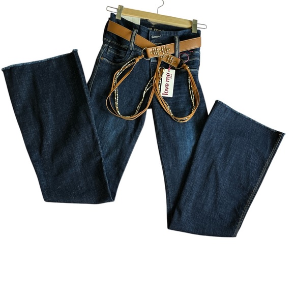 Dark Blue Women's Flared Jeans with Brown Belt - Picture 4 of 7